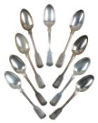A SET OF NINE VICTORIAN SILVER FIDDLE AND THREAD DESSERT SPOONS