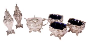 AN EDWARD VII SILVER SIX PIECE CRUET SERVICE