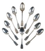 A SET OF TEN VICTORIAN SILVER FIDDLE AND THREAD TABLE SPOONS