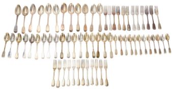 A GEORGE III AND LATER SILVER FIDDLE PATTERN HARLEQUIN PART CUTLERY SERVICE