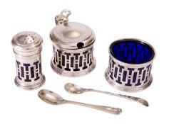 A GEORGE V SILVER THREE-PIECE CRUET OF ART DECO DESIGN