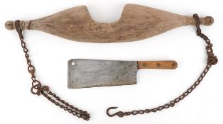 Vintage Brades meat cleaver and a maid's yoke, the largest 90cm in length.