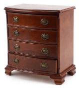 Mahogany bow front four drawer jewellery chest, 36cm H x 33cm W x 20.5cm D.