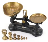 Set of Victorian Librasco cast iron and brass scales with weights, 32cm wide.