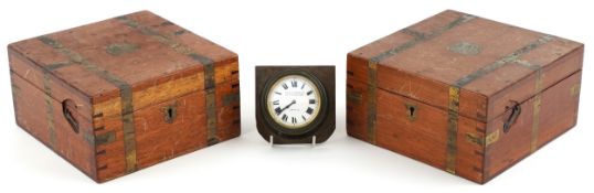 Two brass bound sextant cases and an S Smith & Son clock having enamelled dial with Roman