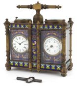 Champlevé enamel brass cased travelling timepiece with clock and barometer, 13cm high.