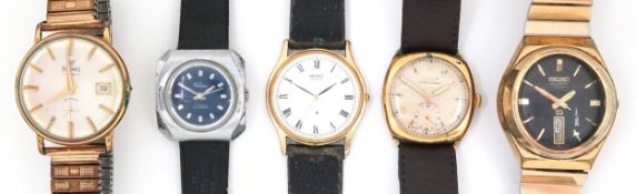Five vintage gentlemen's wristwatches including Seiko 404, Precimax, Rotary Super-Sports and Velma.