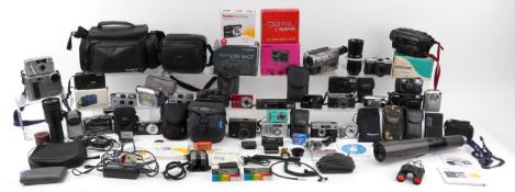 Collection of vintage and later cameras, lenses and accessories including Sony, Canon and Pentax.