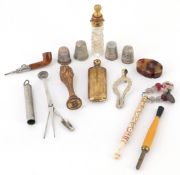 Antique and later sundry items including a rosewater sprinkler, bobbin winder, silver thimbles and a