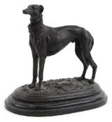 After Mêne, patinated bronze study of a Greyhound on raised on a black marble base, 28cm high x 30cm