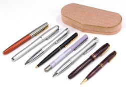 Vintage and later fountain pens and ballpoint pens including Conway Stewart set with 14ct gold nib