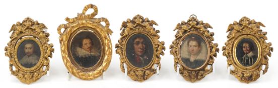 Five antique hand painted oval portrait miniatures onto copper, four with gilt brass frames
