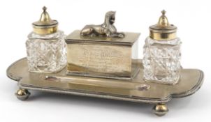 Victorian Mappin Brothers silver plated desk stand with a pair of cut crystal inkwells, mounted with