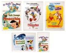 Five Walt Disney film posters comprising Pinocchio and Winnie the Pooh, the largest 103cm x 69cm.