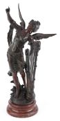 After François Moreau, 19th century bronzed spelter figure of a winged female with harp, entitled