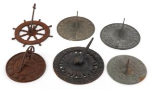 Six Victorian cast iron and other metal sundials, two inscribed Grow Old Along With Me, The Best