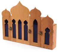 Middle Eastern carved wood cabinet in the form of a temple, 44cm x 60cm.