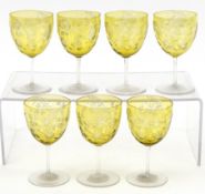 Set of seven antique overlaid wine glasses etched with thistles and butterflies, 11.2cm high.