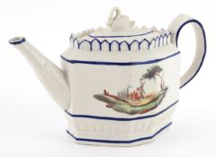19th century Castleford Ware feldspathic stoneware teapot hand painted with a countryside landscape,