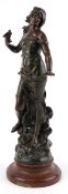 After Auguste Moreau, late 19th century patinated spelter figure of a female with a birds, titled