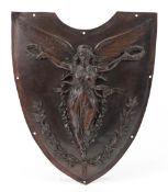 Antique bronzed copper shield plaque applied with the goddess Nike, 47cm high.