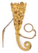 19th century gilt Tussie Mussie posy holder pierced with birds and foliage, 10cm wide.