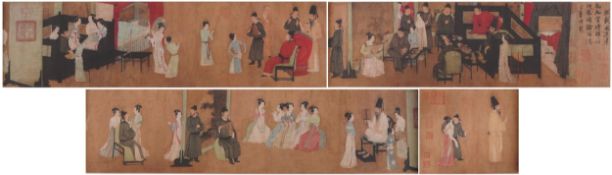 Long Chinese printed scroll entitled 'The Night Reveals of Han Xizai, the original attributed to