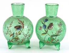 Pair of Victorian uranium crackle glass vases hand painted with butterflies amongst flowers, 15cm