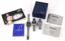 Three vintage gentlemen's digital wristwatches comprising Seiko and Tissot.