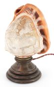 19th century cameo conch shell table lamp carved with a chariot, 20cm high.