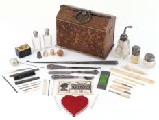 Antique sewing box with bone handled tools, silver handled buttonhook, silver butter knife by