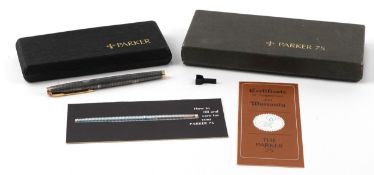 Sterling silver Parker 75 fountain pen with 14ct gold nib, box and certificate.