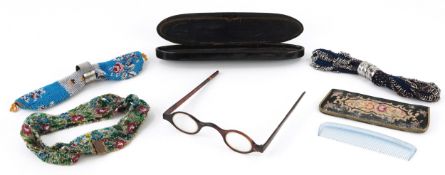 Victorian sundry items including a micro beaded miser's purse with silver ring and a papier mâché