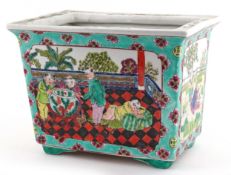 Chinese porcelain flat sided planter hand painted with children playing amongst blossom, 16.5cm H