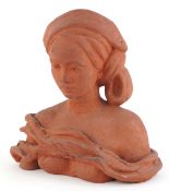 Terracotta clay bust sculpture of a female, 27cm high.