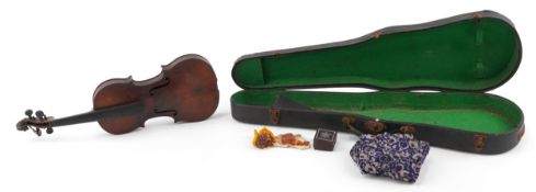 Antique wooden violin, having a one piece back, the back 14 1/5 inches in length including the