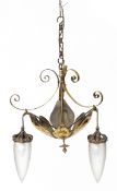 Arts & Crafts brass three branch chandelier with two frosted glass shades, 44cm high x 45cm in