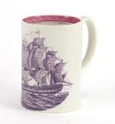 Late 18th/early 19th century Liverpool creamware mug, transfer printed with rigged sailing ship, E N