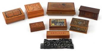 Collection of wooden boxes including a lacquered music box and Sorrento style boxes, the largest