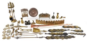 Collection of metalware including horse brasses, brass companion set, inkwell and stand, clock and a