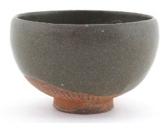 Chinese ceramic Jun style Celadon bowl with muted green glaze onto a rustic terracotta foot, 9.5cm