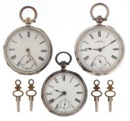 Three Victorian and later gentlemen's silver open face pocket watches including Waltham and Monoah