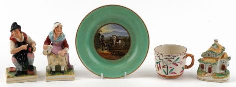 Victorian pottery including Staffordshire figures, a Pratt transfer ware plate and a Brownhills