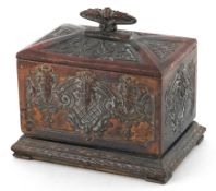 Antique French bronzed jewel box embossed with masks, 10cm wide.