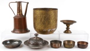 Collection of antique Eastern metalware including an Indian brass wastepaper bin profusely