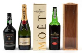 Three bottles of alcohol comprising a Bottle of Moët & Chandon Champagne, a Cockburn's 1996 Late