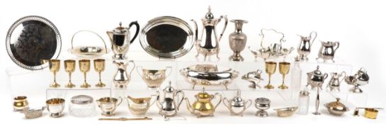 Large selection of antique and later silver plated objects including teapots, coffee pots, bonbon