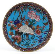 Meiji period Japanese cloisonné charger decorated with two cranes amongst flowers, having a gilded