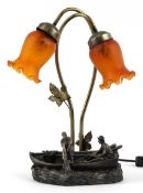 Tiffany style bronzed table lamp in the form of fishermen on a boat, with amber glass shades, 43cm
