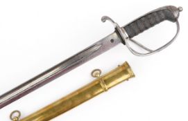 19th century British military interest sword having wire bound shagreen grip and engraved steel